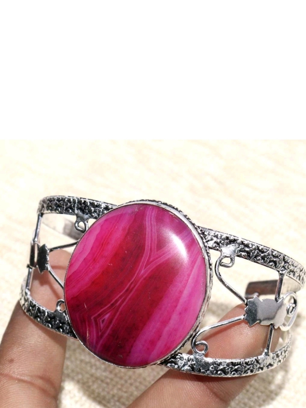 Pink Botswana Gemstone 925 Sterling Silver Adjustable Handmade Cuff Bracelet